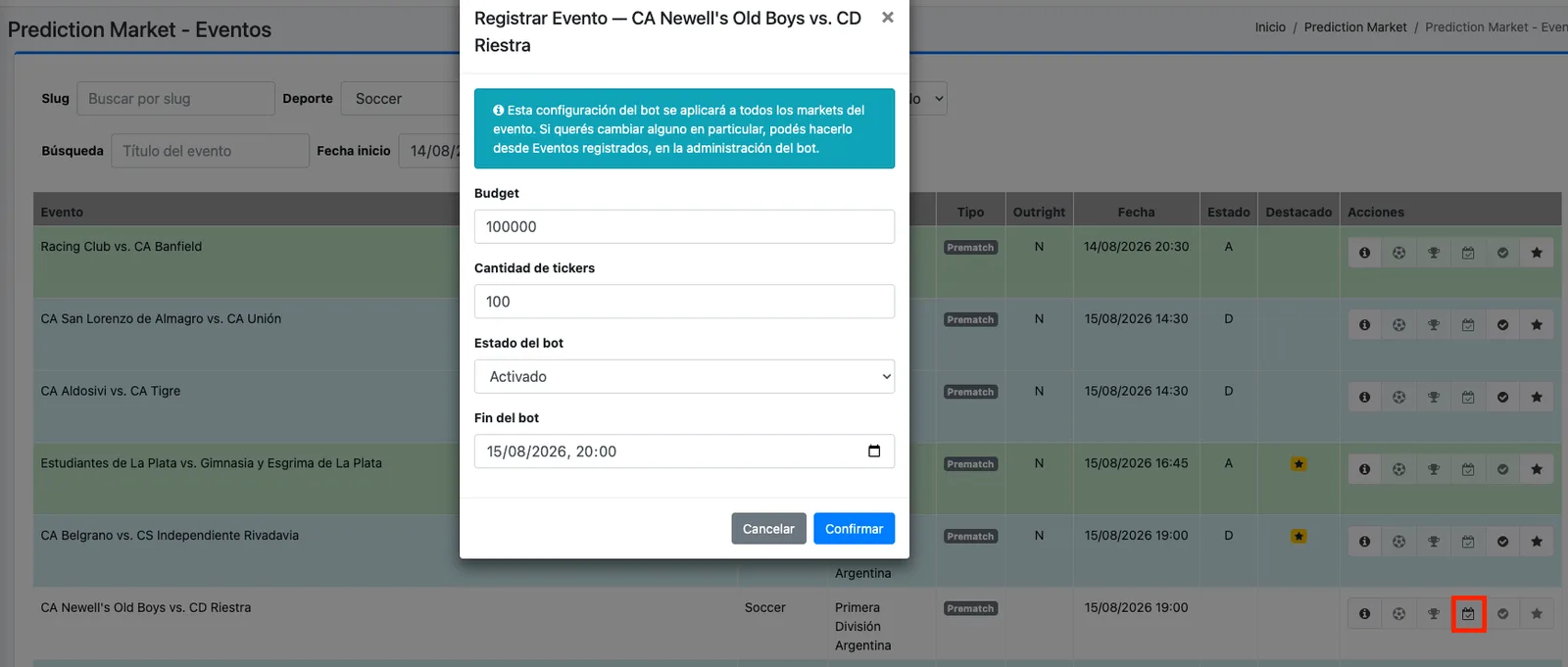 Back office: registering an event and its market maker settings
